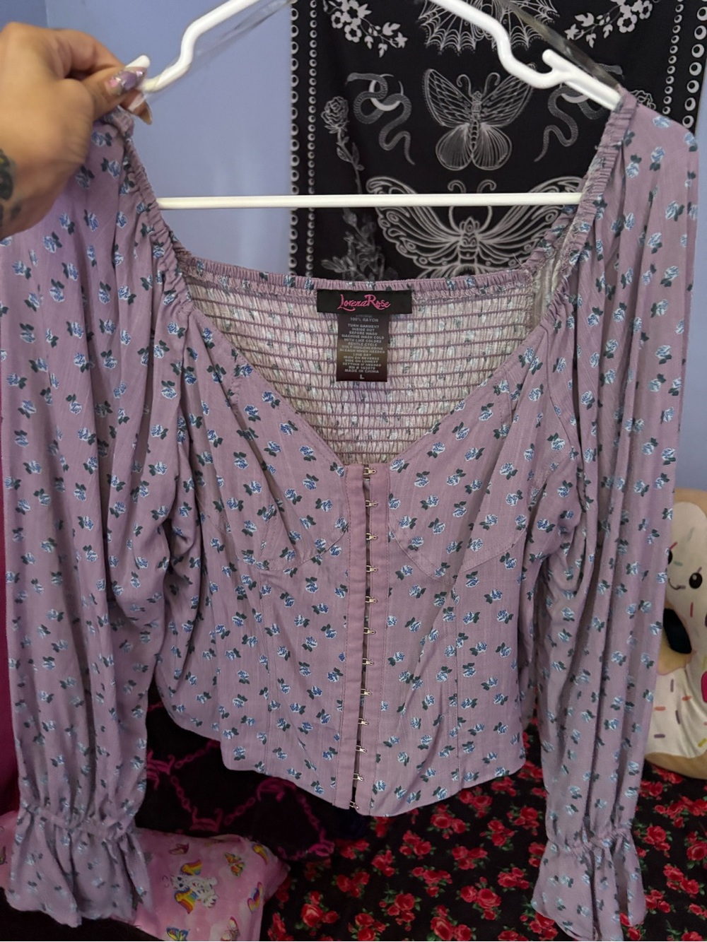 Lovers + Friends Lavender Blue Floral Button-Front Off-Shoulder Crop Top